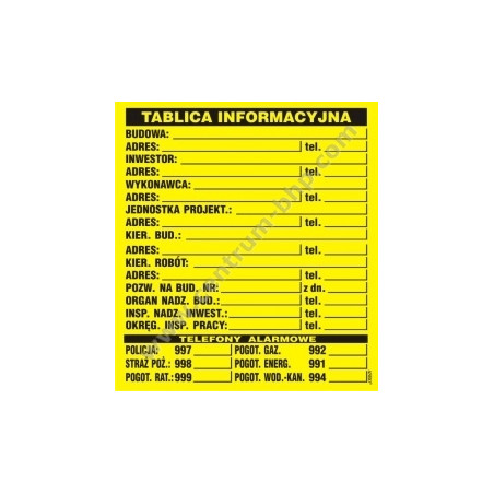 Tablica budowlana informacyjna B1 700x500mm PCV