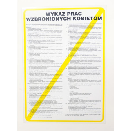 Instrukcja wykaz prac uciążliwych niebezpiecznych lub szkodliwych dla zdrowia kobiet w ciąży i kobiet karmiących 250x350mm PCV